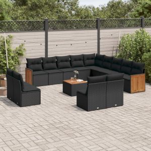 Set Divani Da Giardino 14pz Con Cuscini In Polyrattan Nero