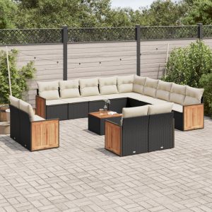 Set Divani Da Giardino 14pz Con Cuscini In Polyrattan Nero
