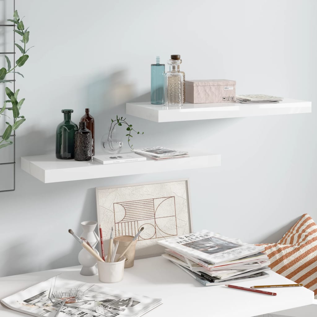 Scaffali A Parete 2 Pz Bianco Lucido 60x23,5x3,8 Cm In Mdf