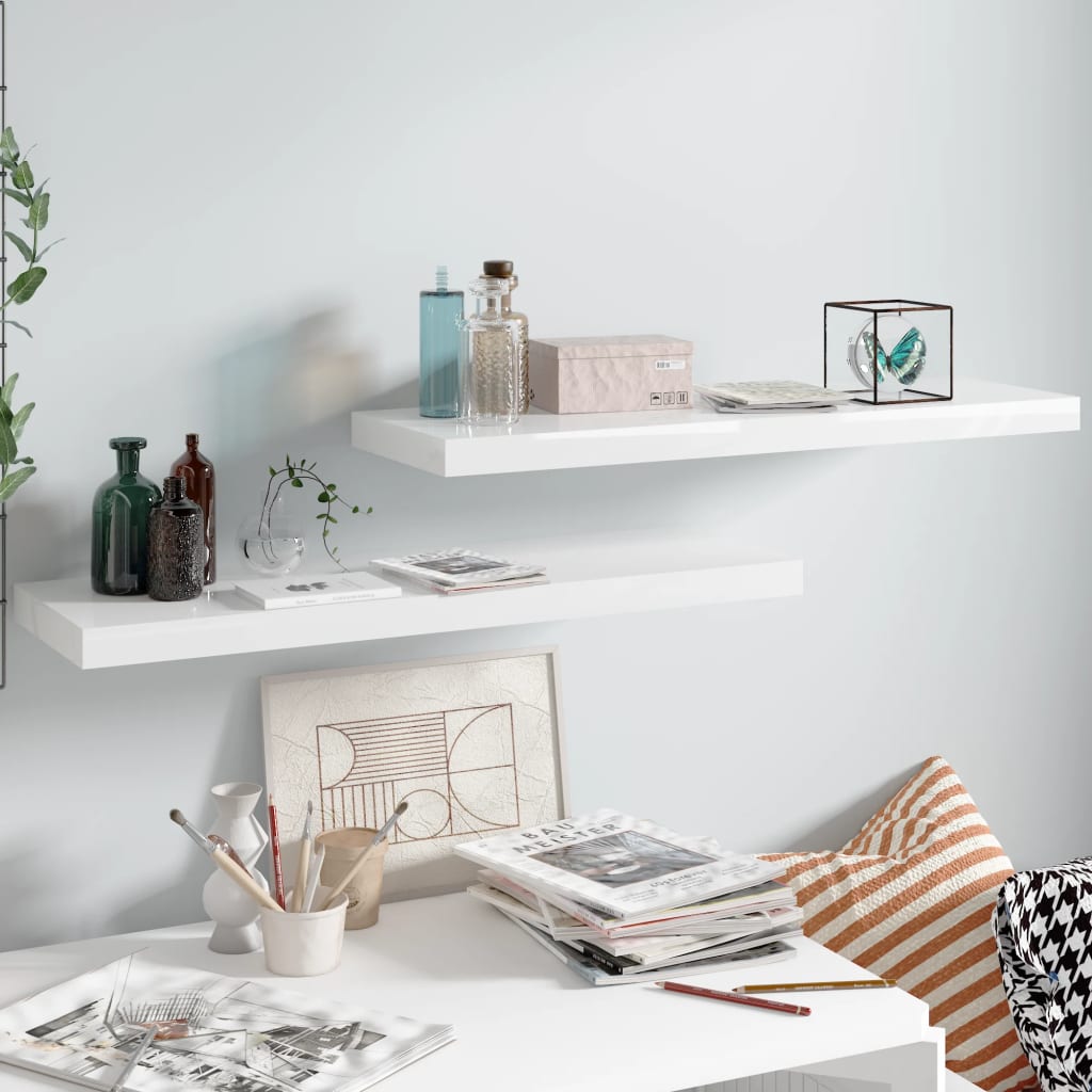 Scaffali A Parete 2 Pz Bianco Lucido 80x23,5x3,8 Cm In Mdf