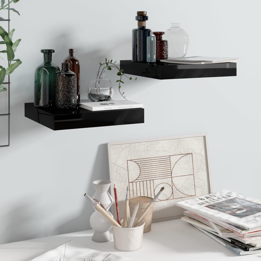 Scaffali A Parete 2 Pz Nero Lucido 23x23,5x3,8 Cm In Mdf