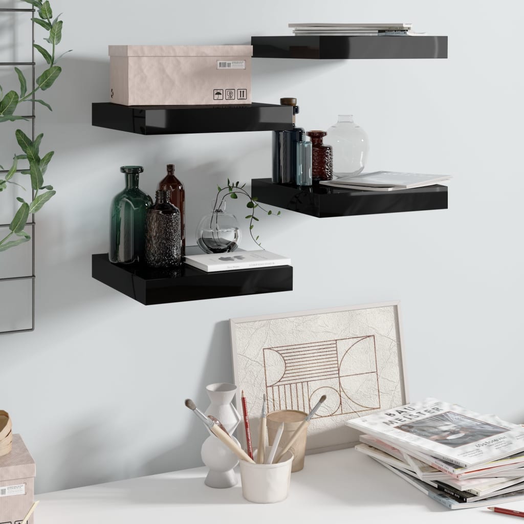 Scaffali A Parete 4 Pz Nero Lucido 23x23,5x3,8 Cm In Mdf