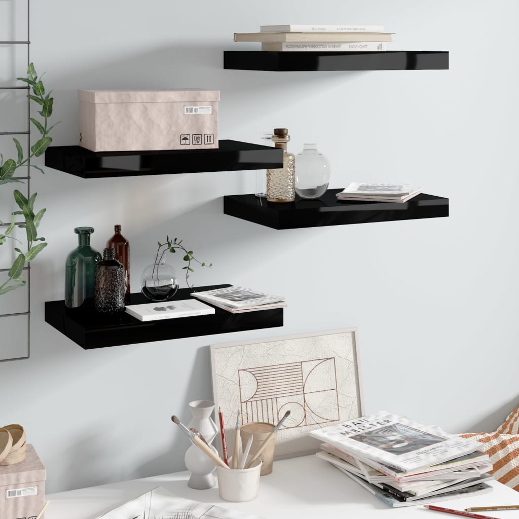Scaffali A Parete 4 Pz Nero Lucido 40x23x3,8 Cm In Mdf