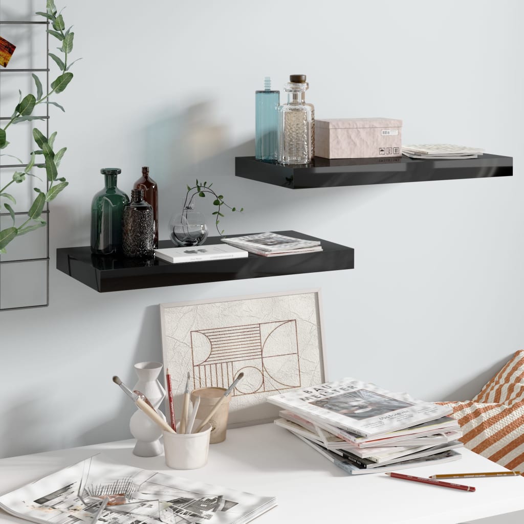 Scaffali A Parete 2 Pz Nero Lucido 50x23x3,8 Cm In Mdf