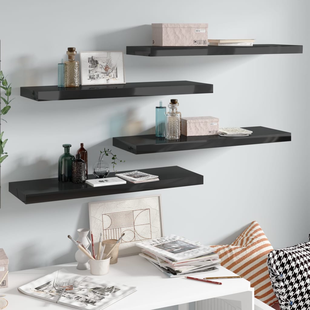 Scaffali A Parete 4 Pz Nero Lucido 80x23,5x3,8 Cm In Mdf