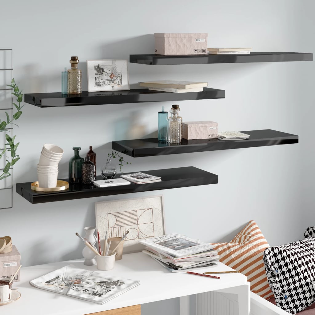 Scaffali A Parete 4 Pz Nero Lucido 90x23,5x3,8 Cm In Mdf