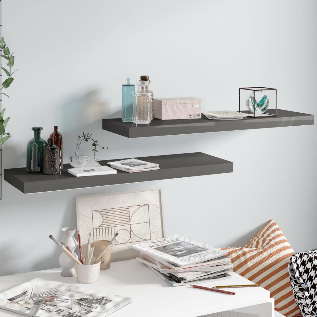 Scaffali A Parete 2 Pz Grigio Lucido 80x23,5x3,8 Cm In Mdf