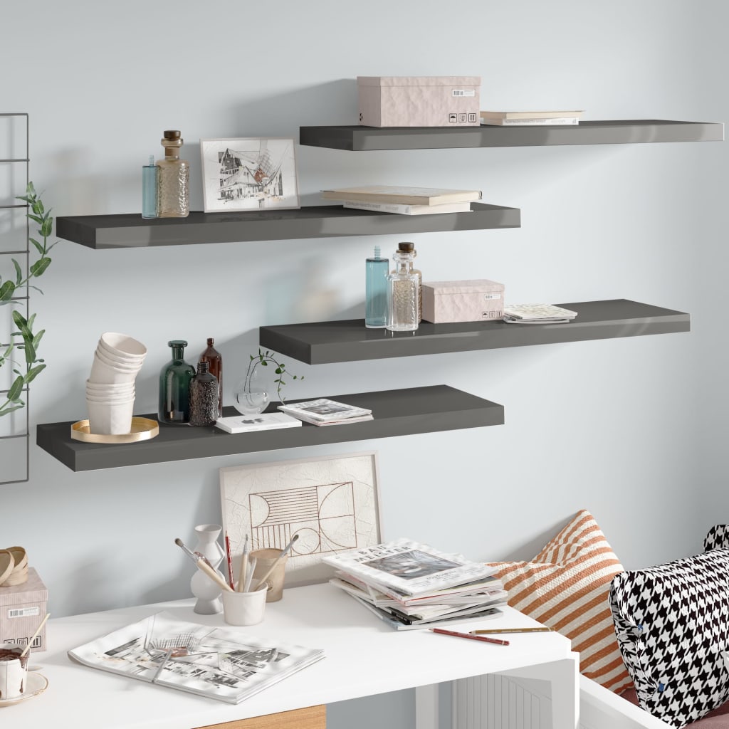 Scaffali A Parete 4 Pz Grigio Lucido 90x23,5x3,8 Cm In Mdf