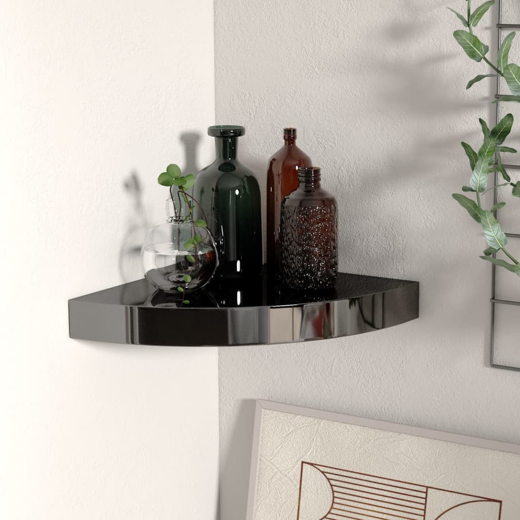 Scaffale Angolare A Parete Nero Lucido 25x25x3,8 Cm In Mdf