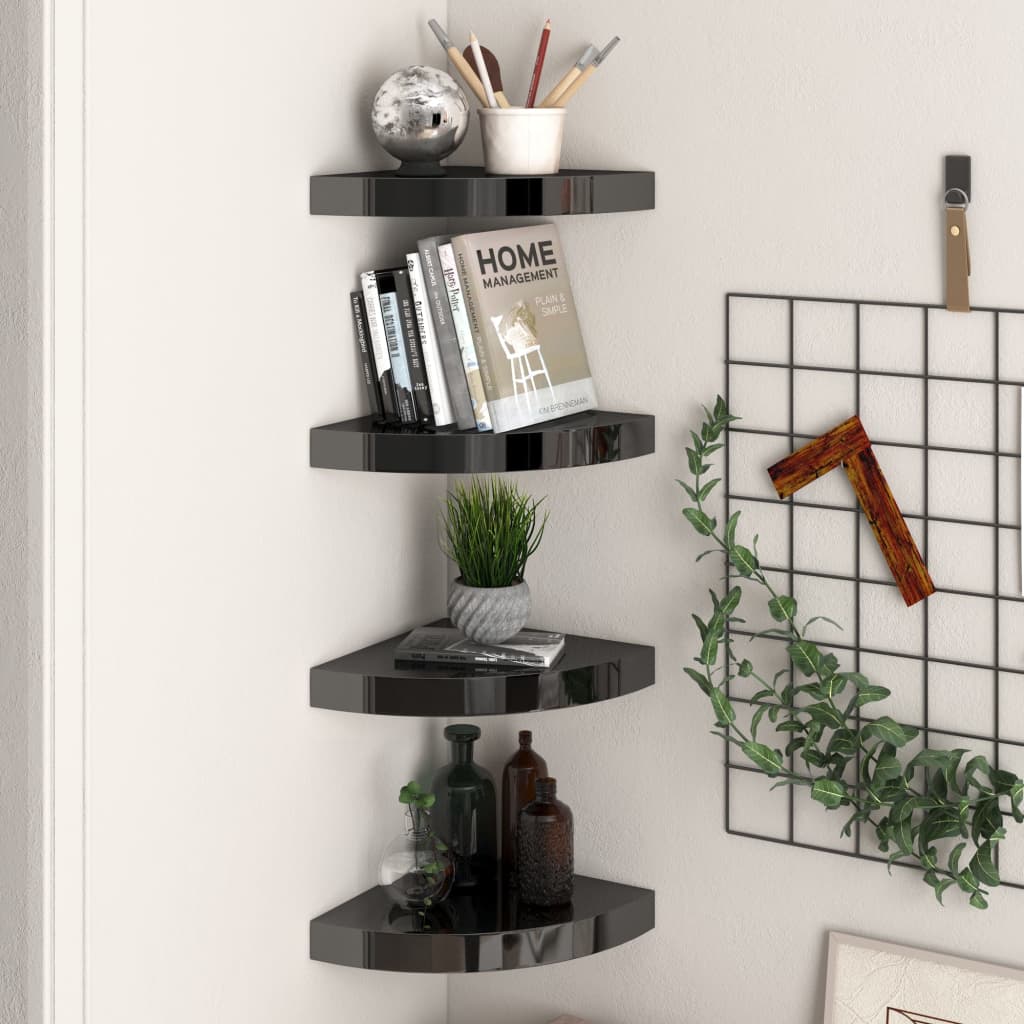 323891 Floating Corner Shelves 4 Pcs High Gloss Black 25x25x3,8 Cm Mdf