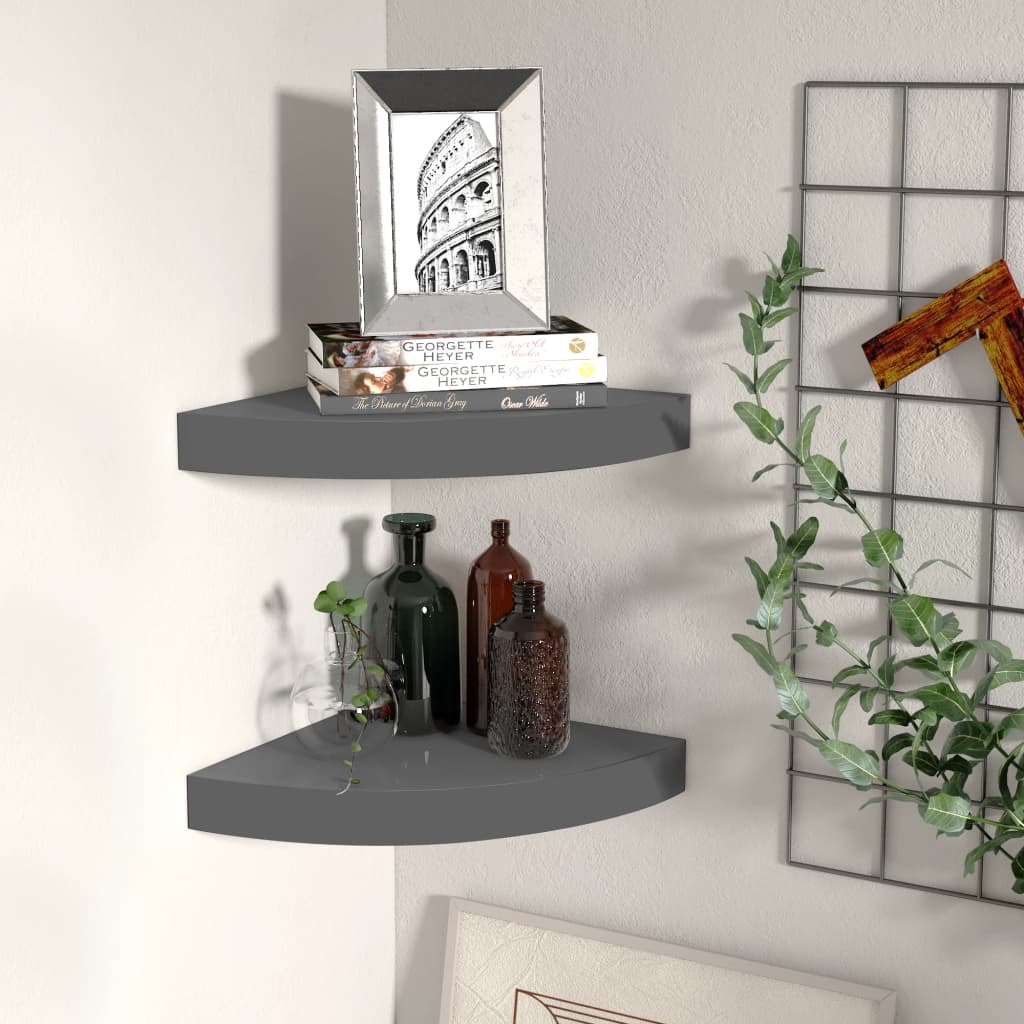 Scaffali Angolari A Parete 2 Pz Grigio Lucido 25x25x3,8 Cm Mdf
