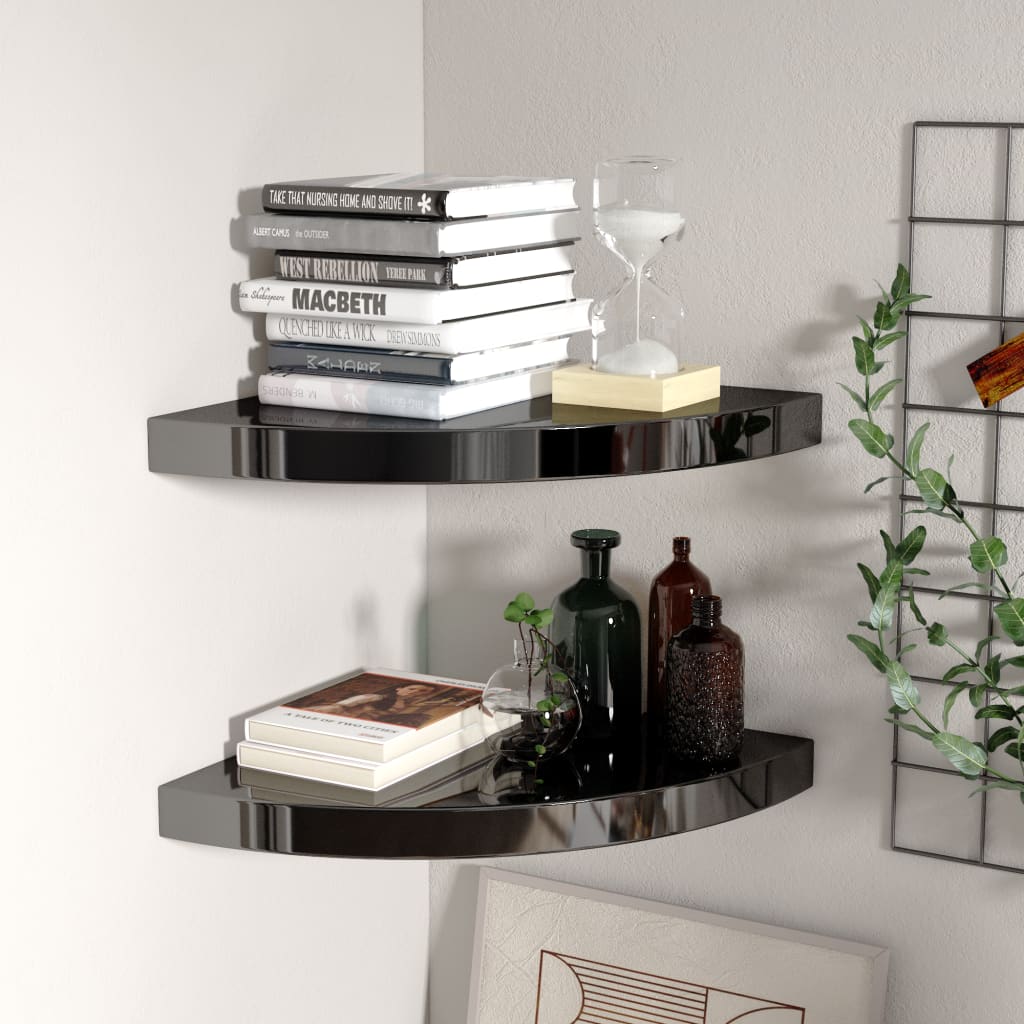 Scaffali Angolari A Parete 2 Pz Nero Lucido 35x35x3,8 Cm Mdf