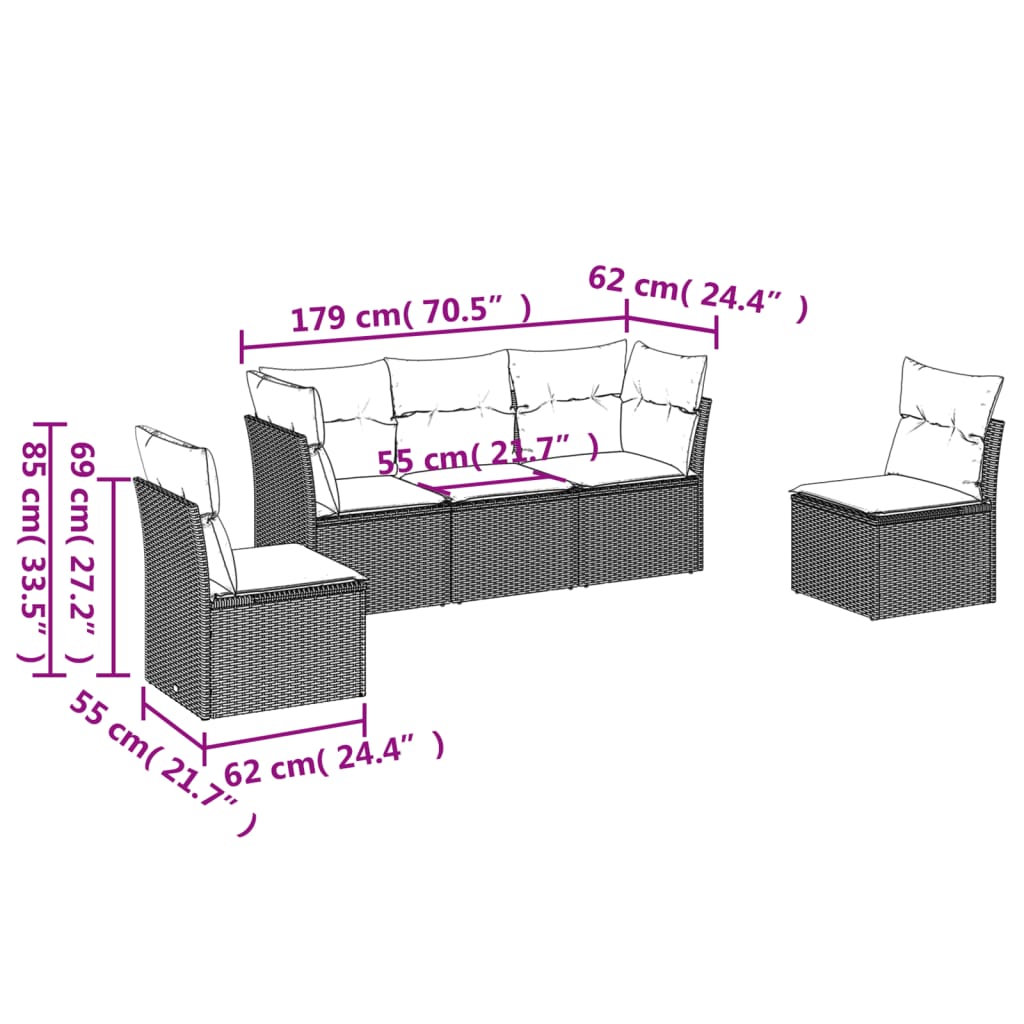 Set Divani Da Giardino 5 Pz Con Cuscini In Polyrattan Nero - Image 3