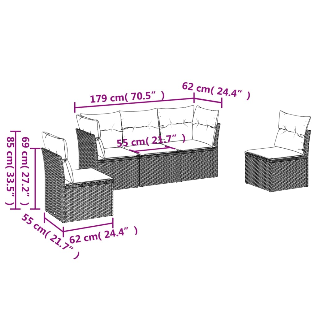Set Divano Da Giardino 5 Pz Con Cuscini Beige In Polyrattan - Image 3