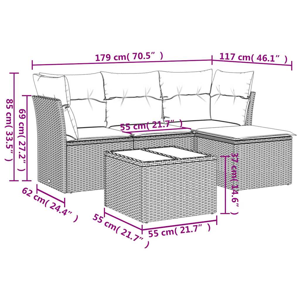 Set Divano Da Giardino 5pz Con Cuscini Grigio Chiaro Polyrattan - Image 3