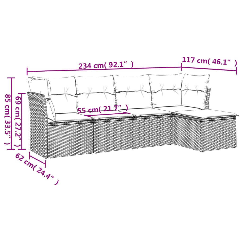 Set Divano Da Giardino 5 Pz Con Cuscini Grigio In Polyrattan - Image 3