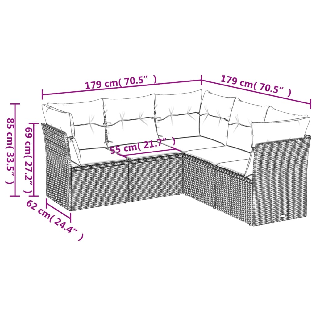 Set Divano Da Giardino 5pz Con Cuscini Grigio Chiaro Polyrattan - Image 3