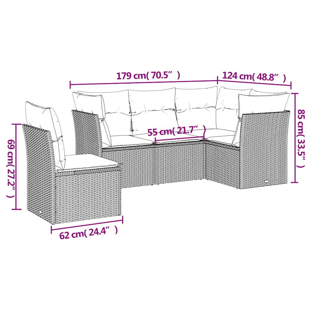 Set Divano Da Giardino 5pz Con Cuscini Grigio Chiaro Polyrattan - Image 3