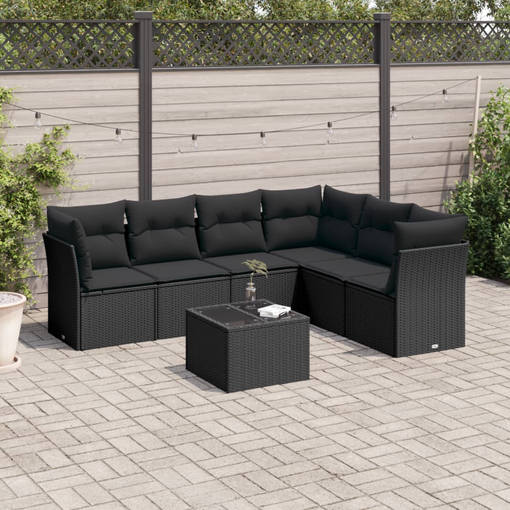 Set Divani Da Giardino Con Cuscini 7pz Nero Polyrattan