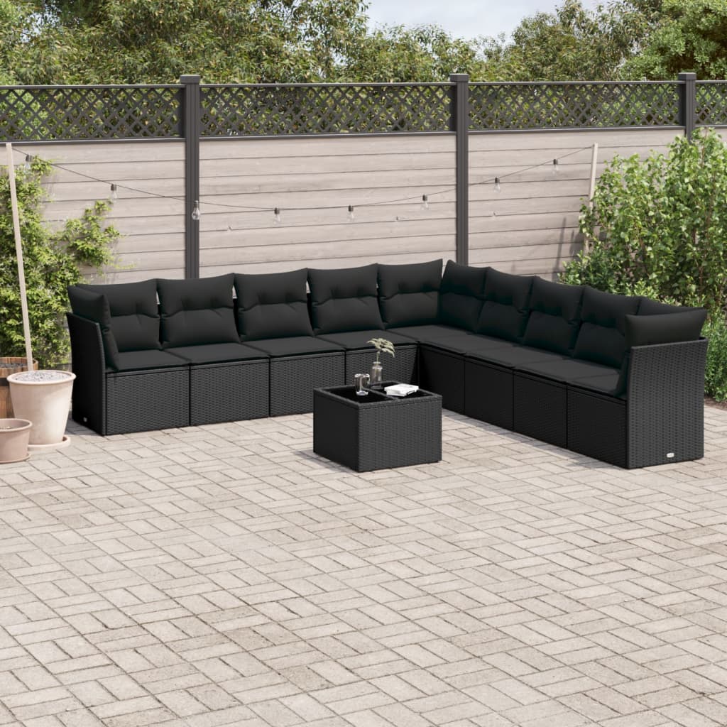 Set Divani Da Giardino 10pz Con Cuscini In Polyrattan Nero