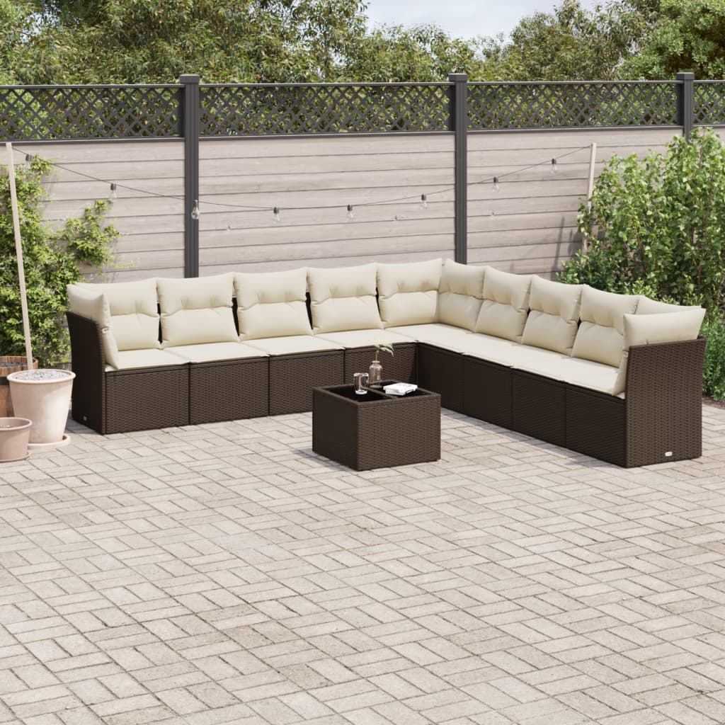 Set Divani Da Giardino 10pz Con Cuscini In Polyrattan Marrone