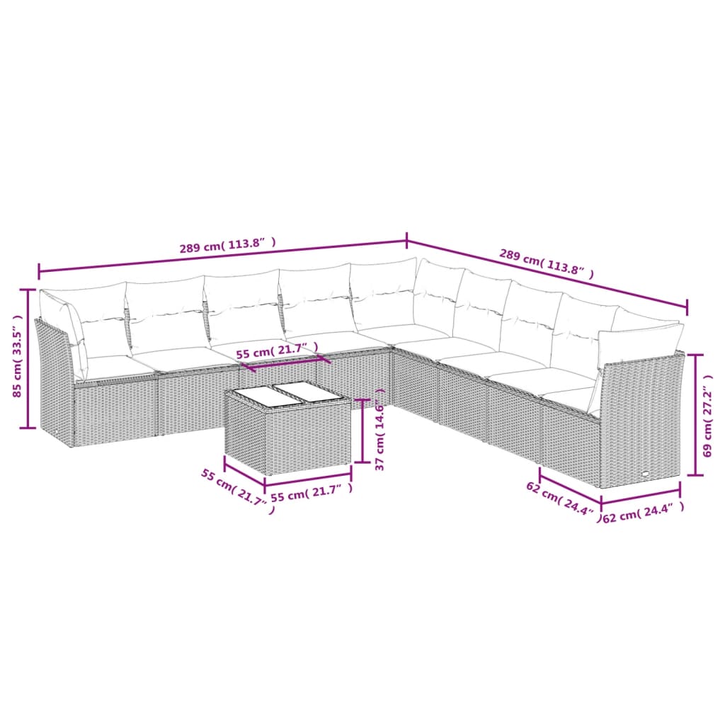 Set Divani Da Giardino 10pz Con Cuscini In Polyrattan Marrone - Image 3