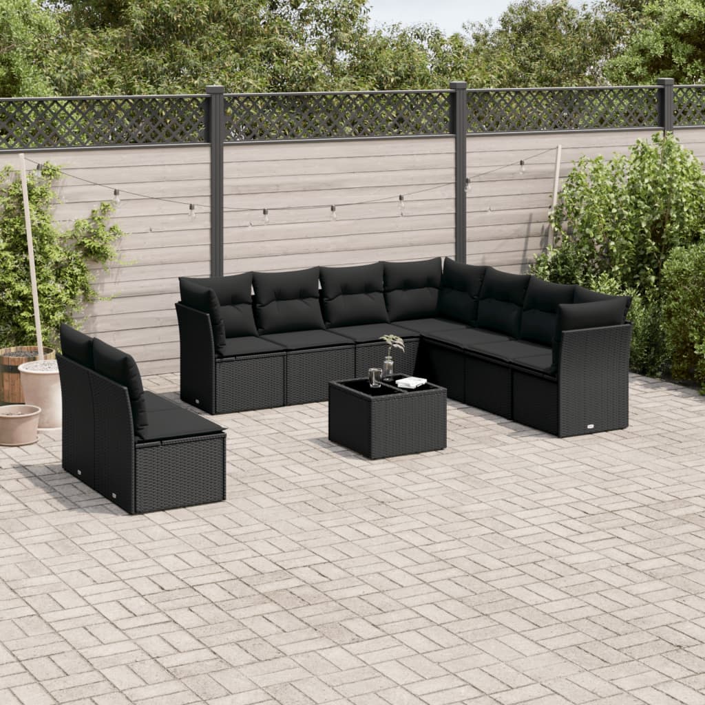 Set Divani Da Giardino 10pz Con Cuscini In Polyrattan Nero