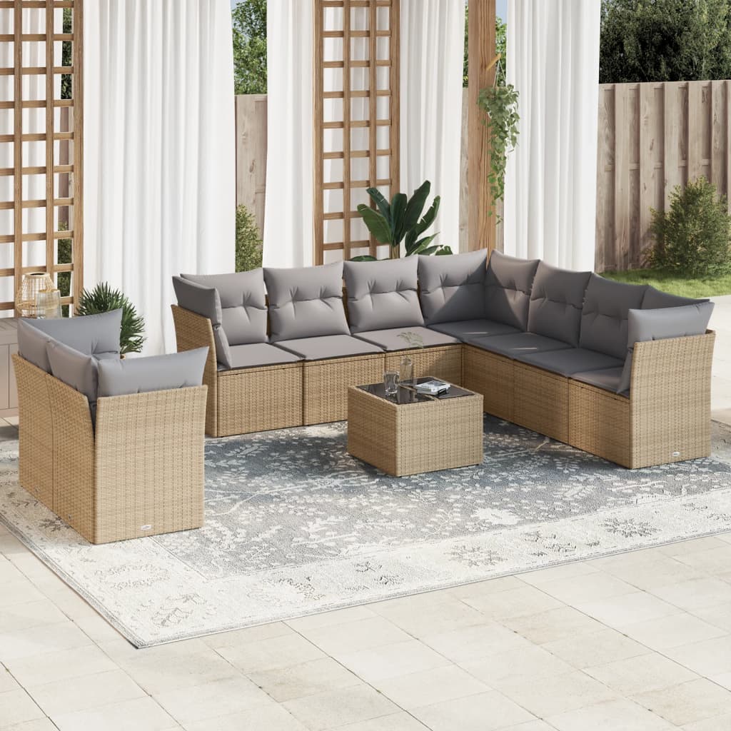Set Divano Da Giardino 10 Pz Con Cuscini Beige In Polyrattan