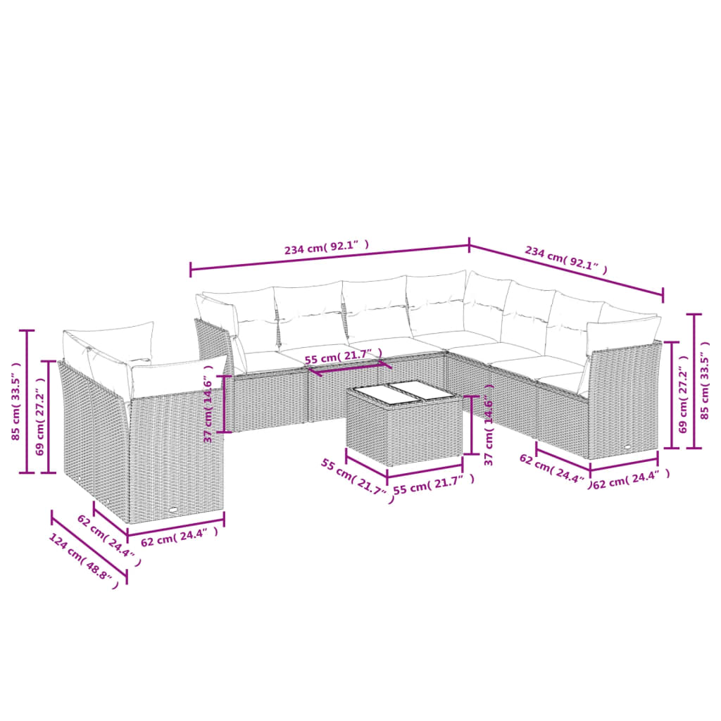 Set Divano Da Giardino 10 Pz Con Cuscini Beige In Polyrattan - Image 3