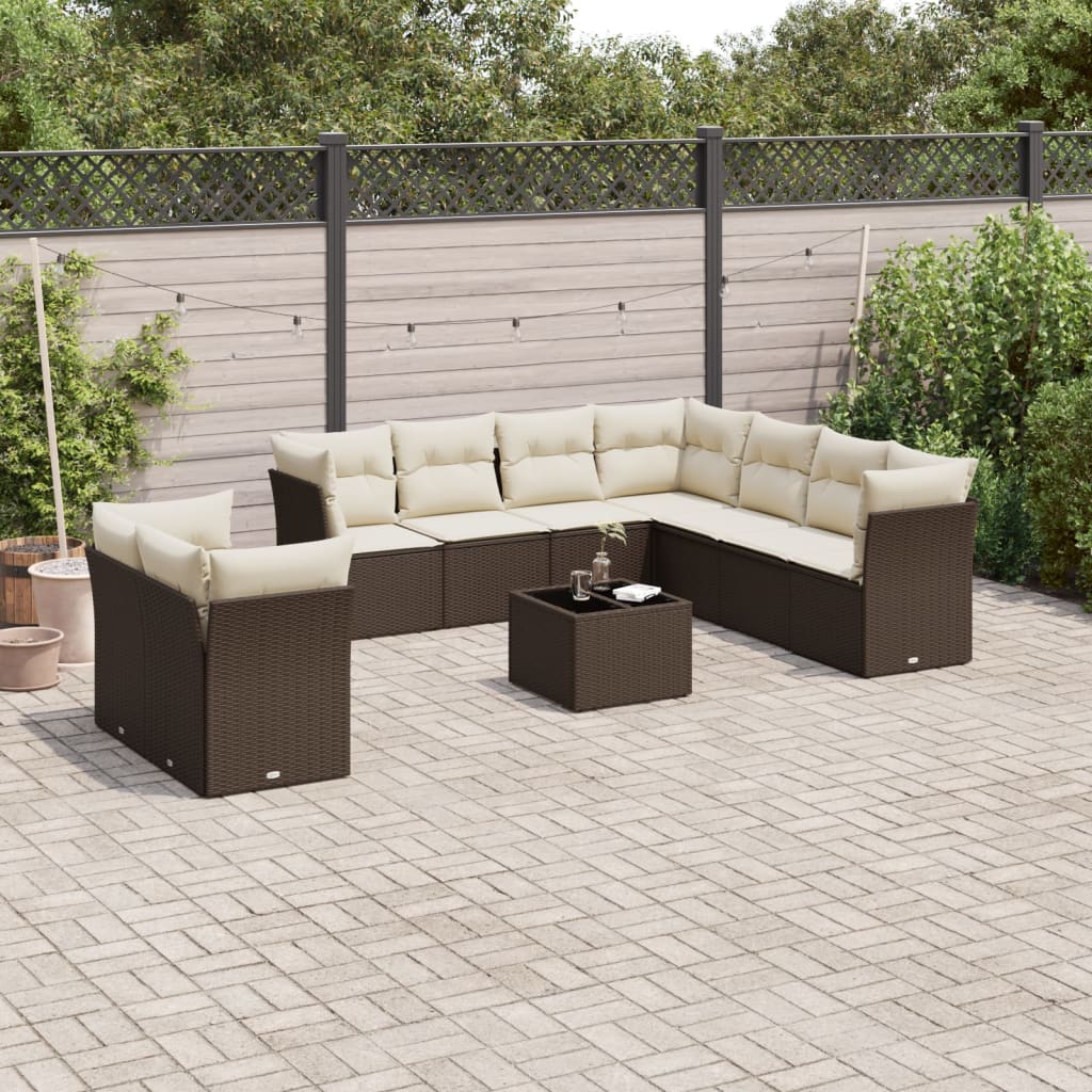 Set Divani Da Giardino 10pz Con Cuscini In Polyrattan Marrone