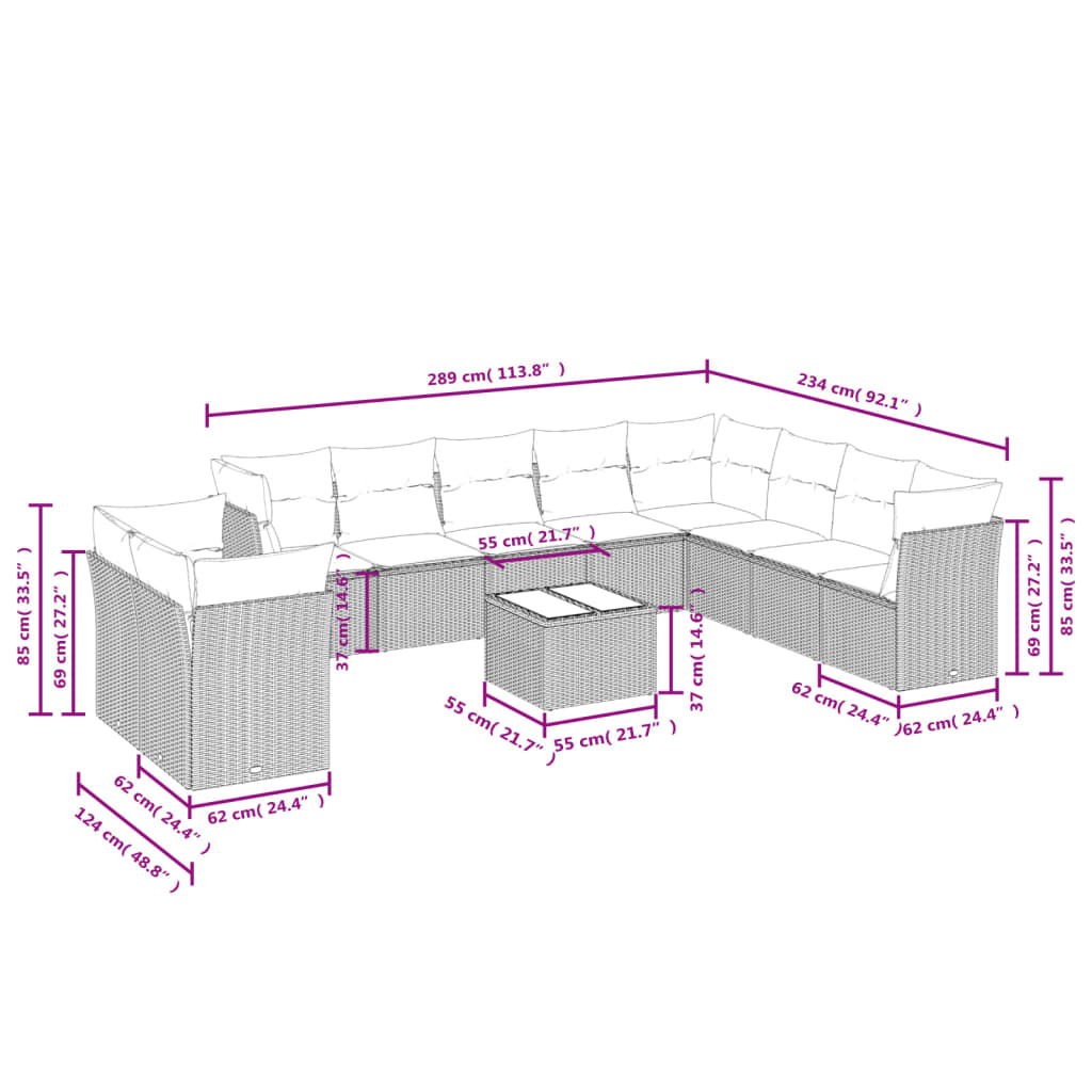 Set Divani Da Giardino 11 Pz Con Cuscini Polyrattan Marrone - Image 3