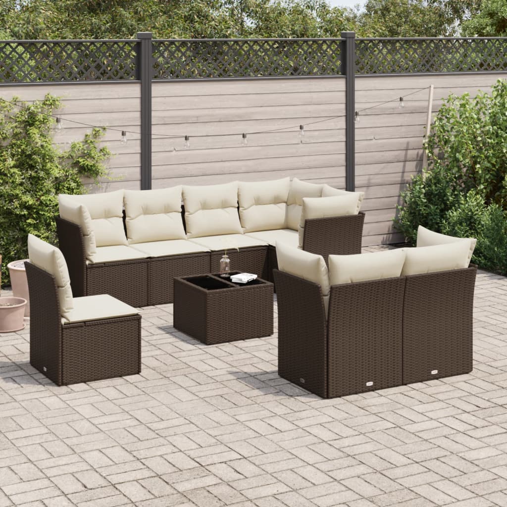 Set Divani Da Giardino 9pz Con Cuscini Marrone In Polyrattan