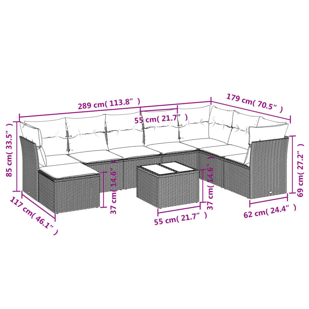 Set Divano Da Giardino 9 Pz Con Cuscini Grigio In Polyrattan - Image 3