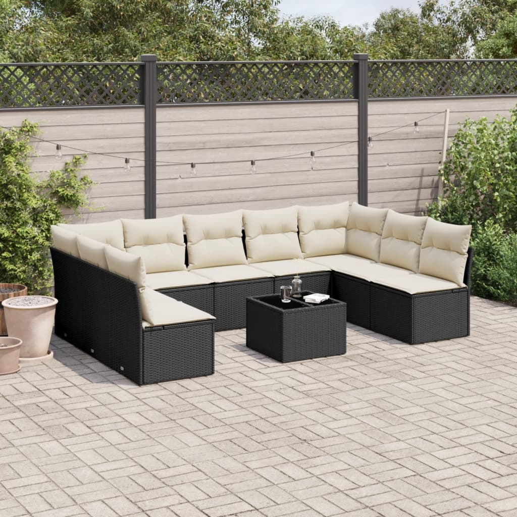Set Divani Da Giardino 10pz Con Cuscini In Polyrattan Nero