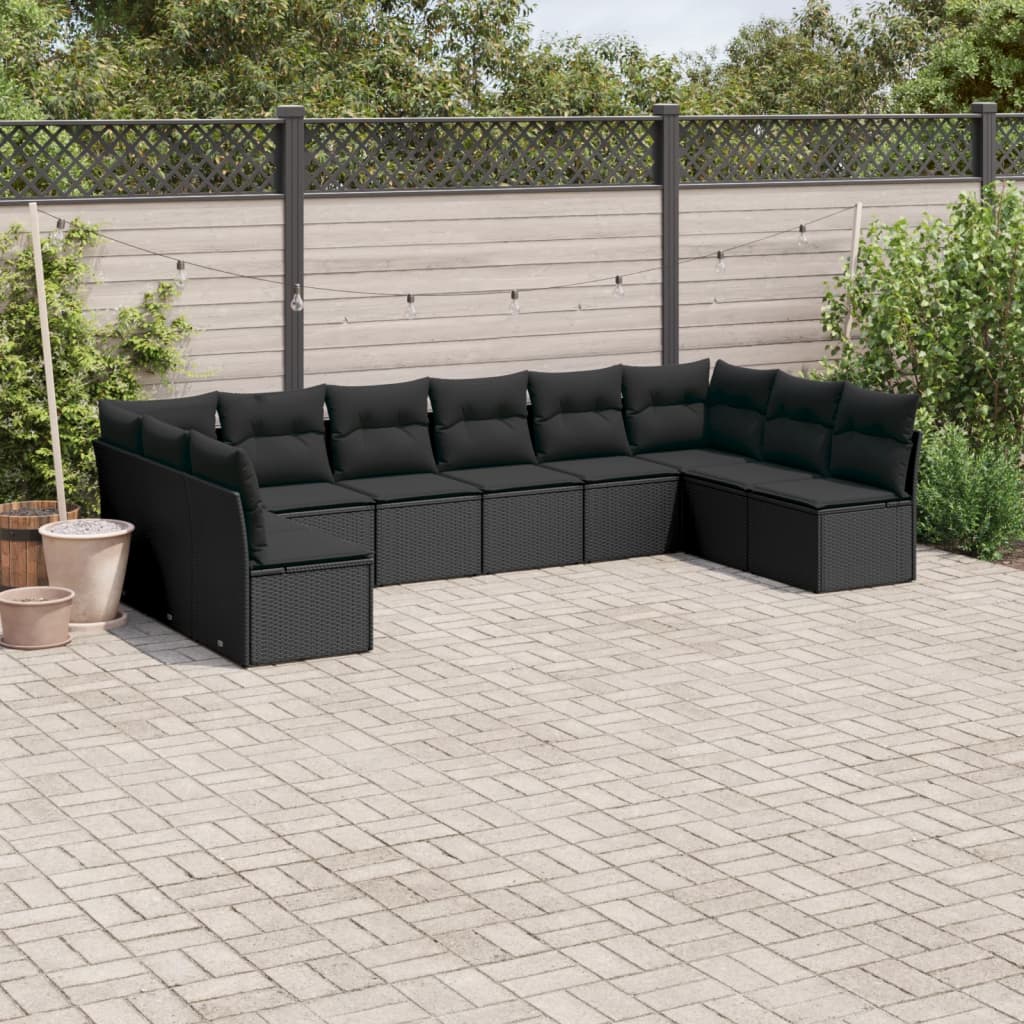 Set Divani Da Giardino 10pz Con Cuscini In Polyrattan Nero