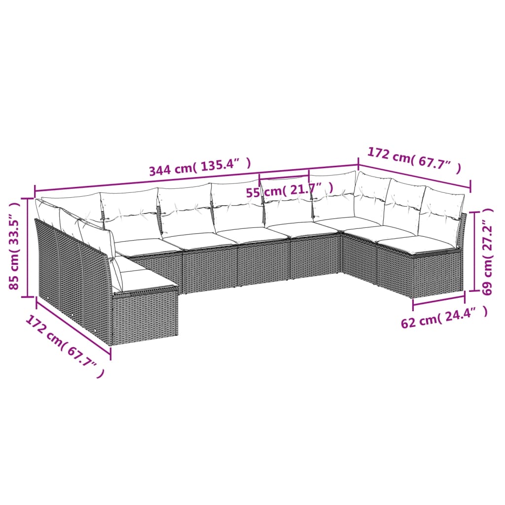 Set Divano Giardino 10 Pz Con Cuscini Grigio Chiaro Polyrattan - Image 3