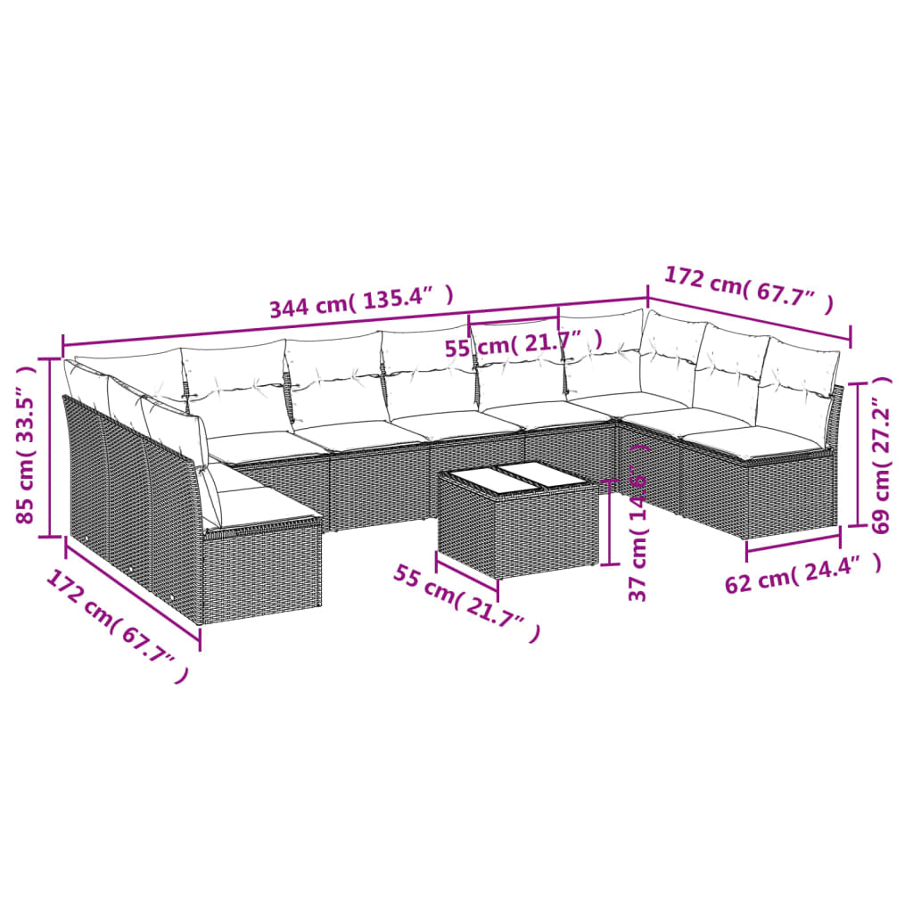 Set Divani Da Giardino 11 Pz Con Cuscini Polyrattan Marrone - Image 3