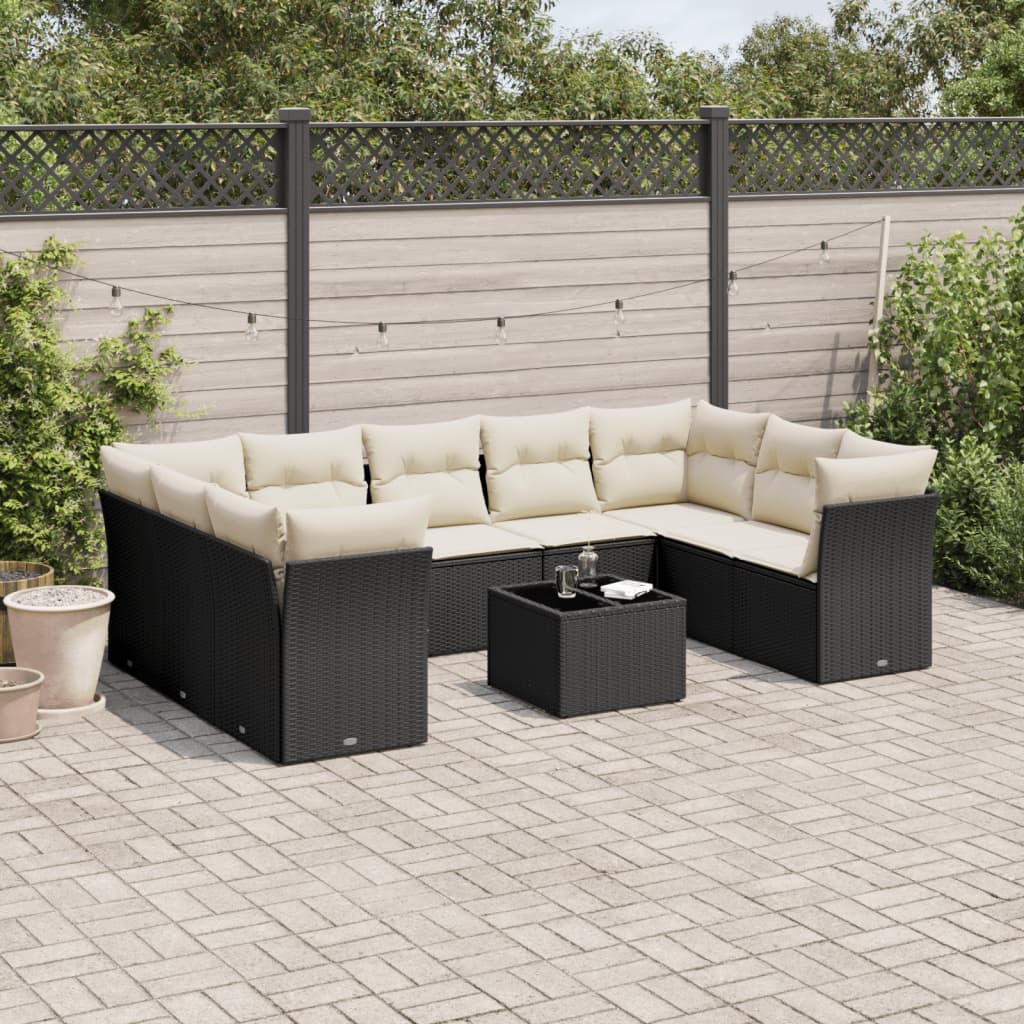 Set Divani Da Giardino 10pz Con Cuscini In Polyrattan Nero