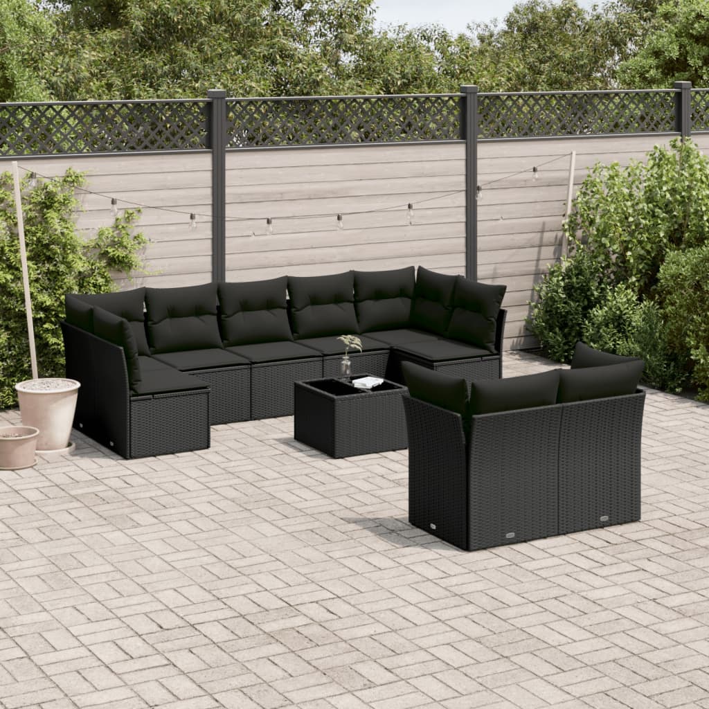 Set Divani Da Giardino 10pz Con Cuscini In Polyrattan Nero