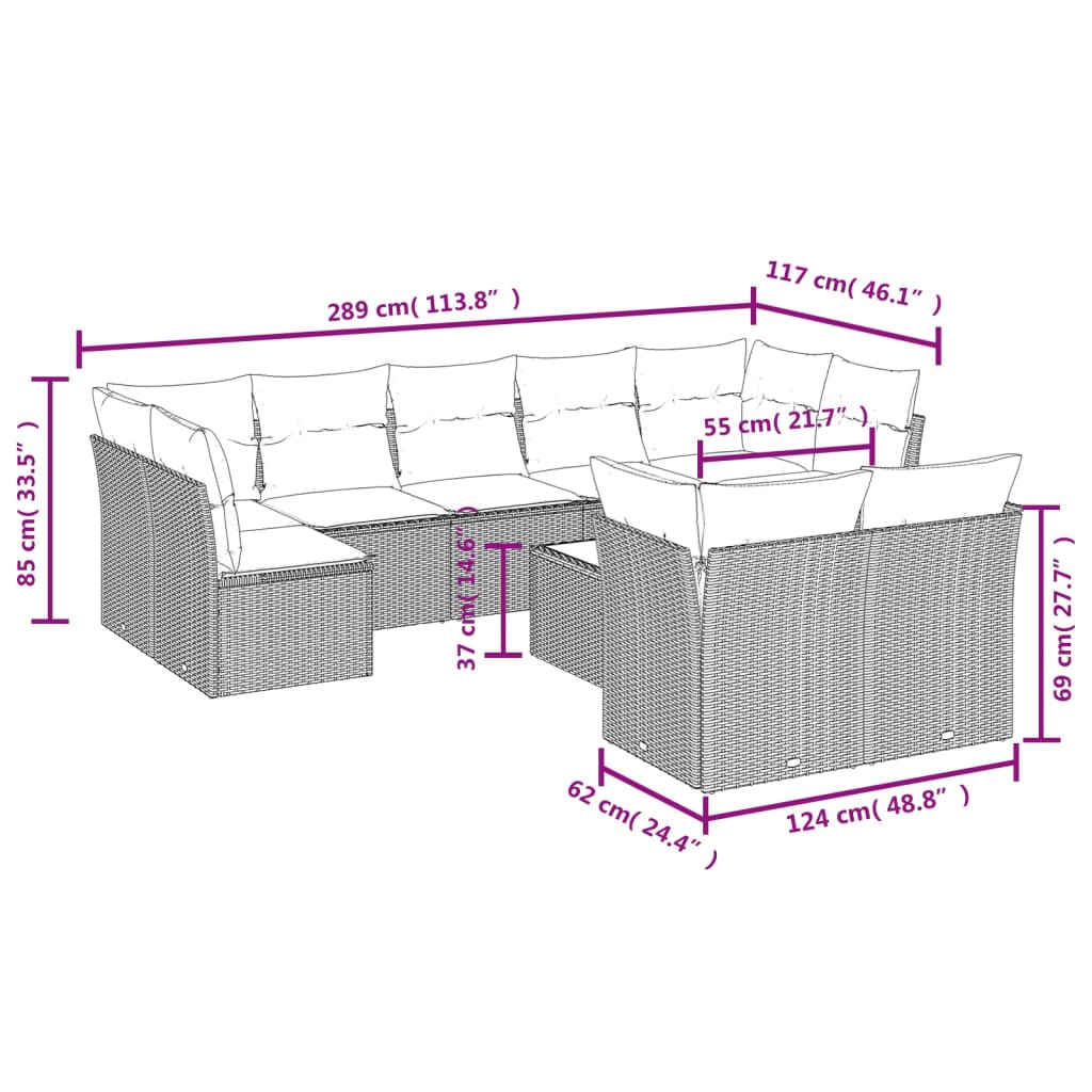 Set Divani Da Giardino 10pz Con Cuscini In Polyrattan Nero - Image 3