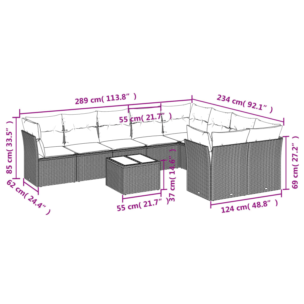 Set Divano Da Giardino 10 Pz Con Cuscini Grigio In Polyrattan - Image 3