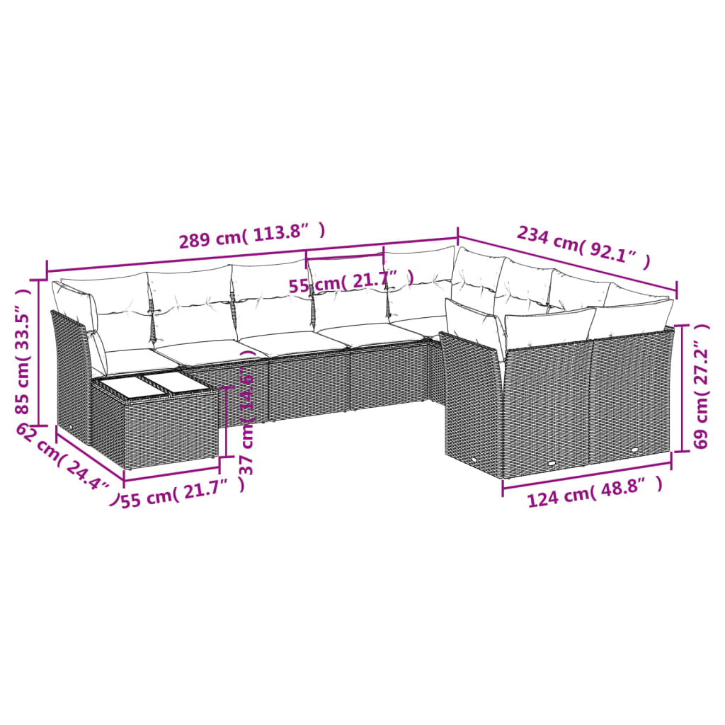 Set Divano Da Giardino 10 Pz Con Cuscini Grigio In Polyrattan - Image 3