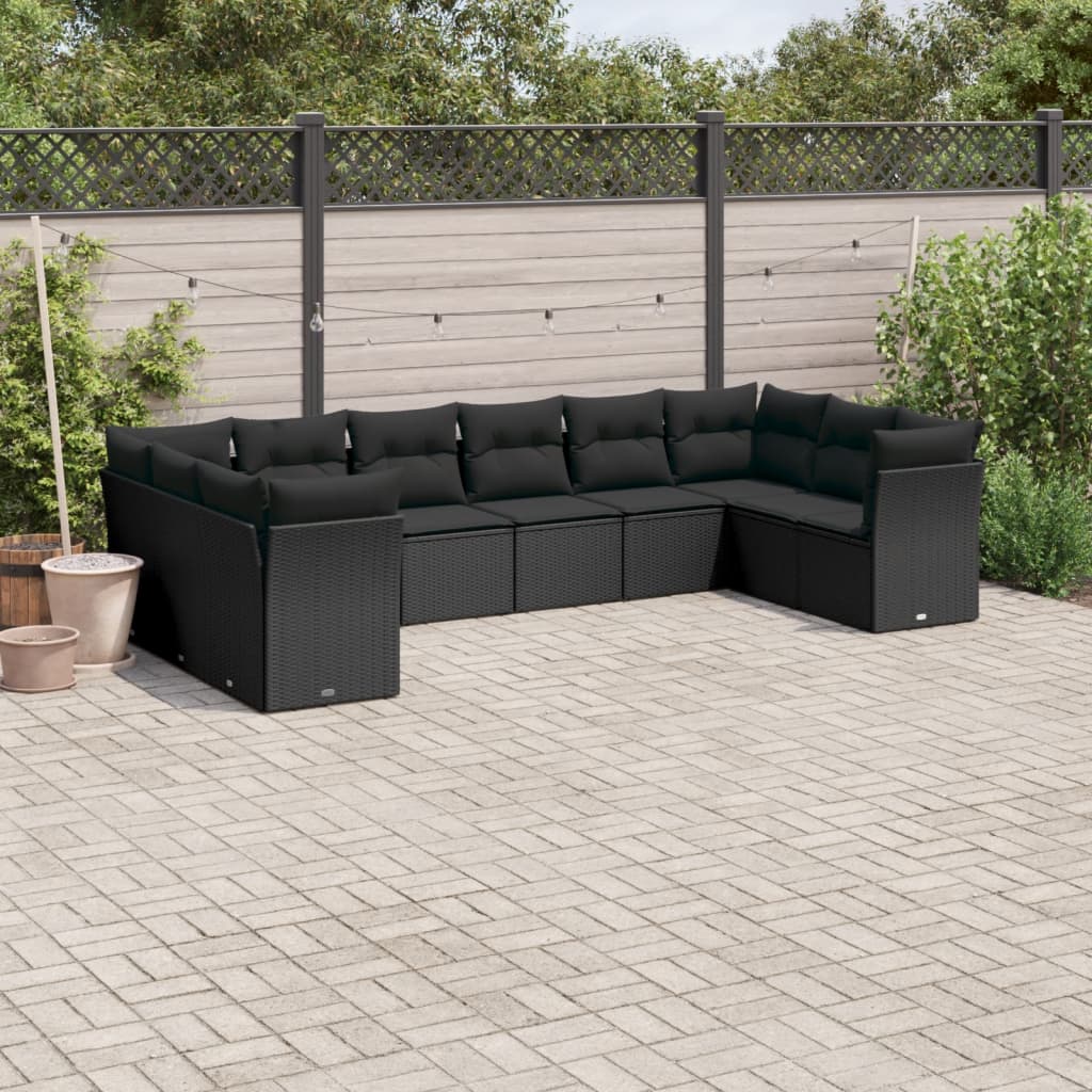 Set Divani Da Giardino 10pz Con Cuscini In Polyrattan Nero