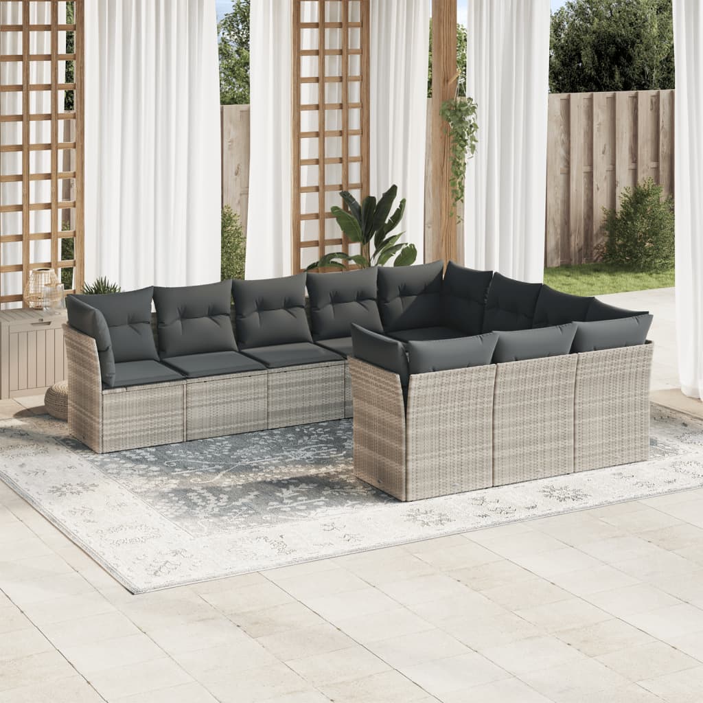 Set Divano Giardino 10 Pz Con Cuscini Grigio Chiaro Polyrattan