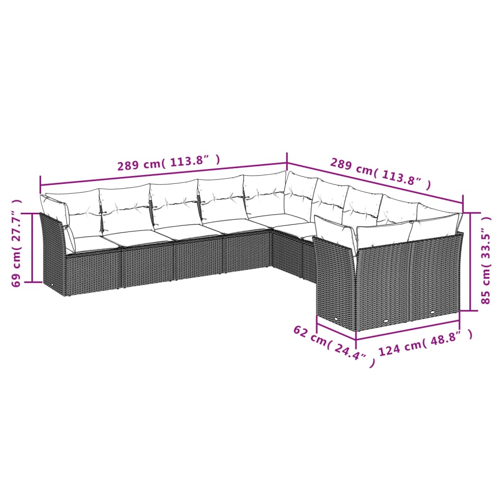 Set Divani Da Giardino 10pz Con Cuscini In Polyrattan Marrone - Image 3