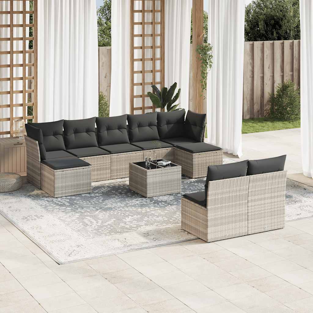 Set Divano Giardino 10 Pz Con Cuscini Grigio Chiaro Polyrattan