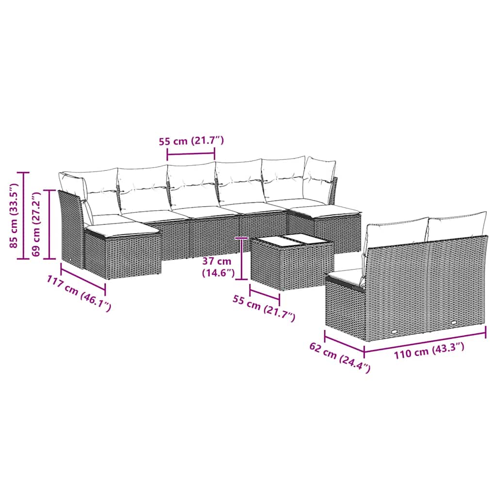 Set Divano Giardino 10 Pz Con Cuscini Grigio Chiaro Polyrattan - Image 3
