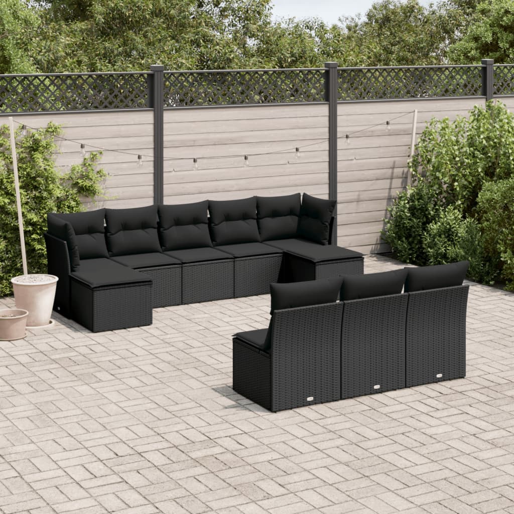 Set Divani Da Giardino 10pz Con Cuscini In Polyrattan Nero