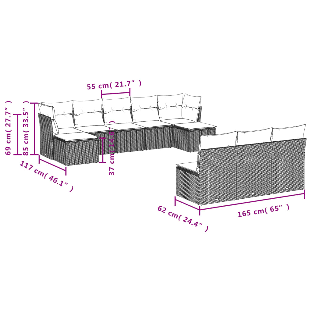 Set Divani Da Giardino 10pz Con Cuscini In Polyrattan Nero - Image 3