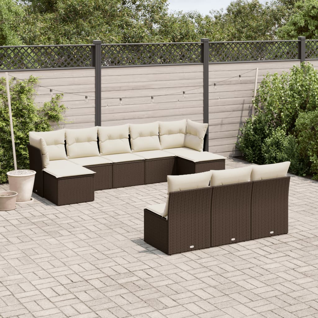Set Divani Da Giardino 10pz Con Cuscini In Polyrattan Marrone